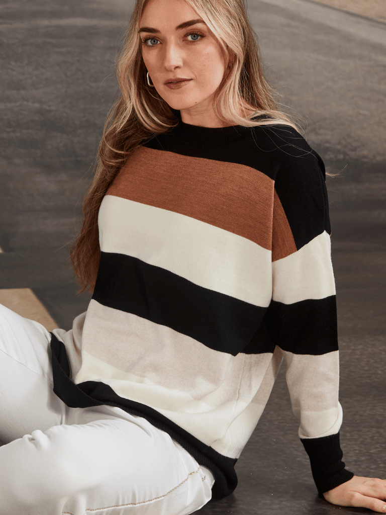 VERGE Trick Sweater in Caramel Stripe Verge Stockist Online Australia Signature of Double Bay Mature Fashion Acrobat Flattering