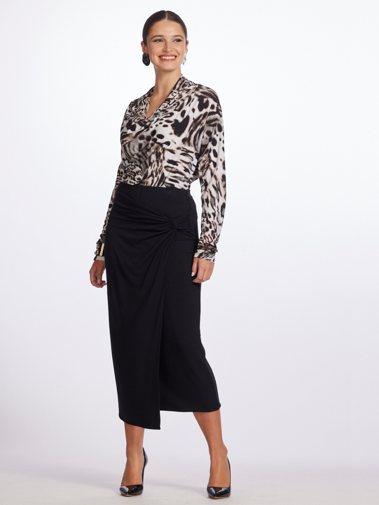 PAULA RYAN Deep Cowl Neck Top 8785a animal print with full sleeve and flattering drape hides the tummy shop Paula Ryan online Signature of Double Bay fashion boutique official stockist womens mature fashion