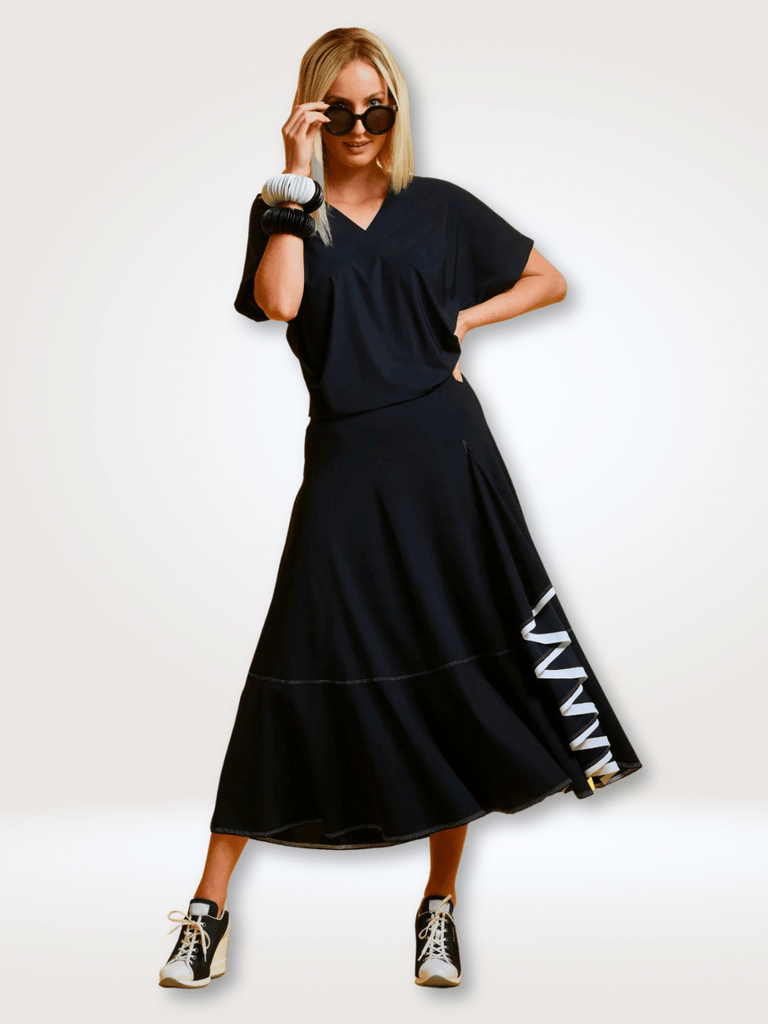 Contrast Stitching Flounced Skirt in Black 8692 Shop Paula Ryan online Signature of Double Bay fashion boutique official stockist womens mature fashion