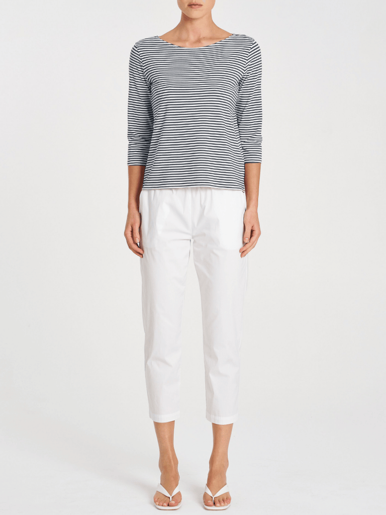 Mela Purdie 3/4 Sleeve Relaxed Boat Neck Top in Navy and White Yacht Stripe Jersey 2630 Mela Purdie Stockist Online Australia Signature of Double Bay Tops Dresses Elegant Clothing
