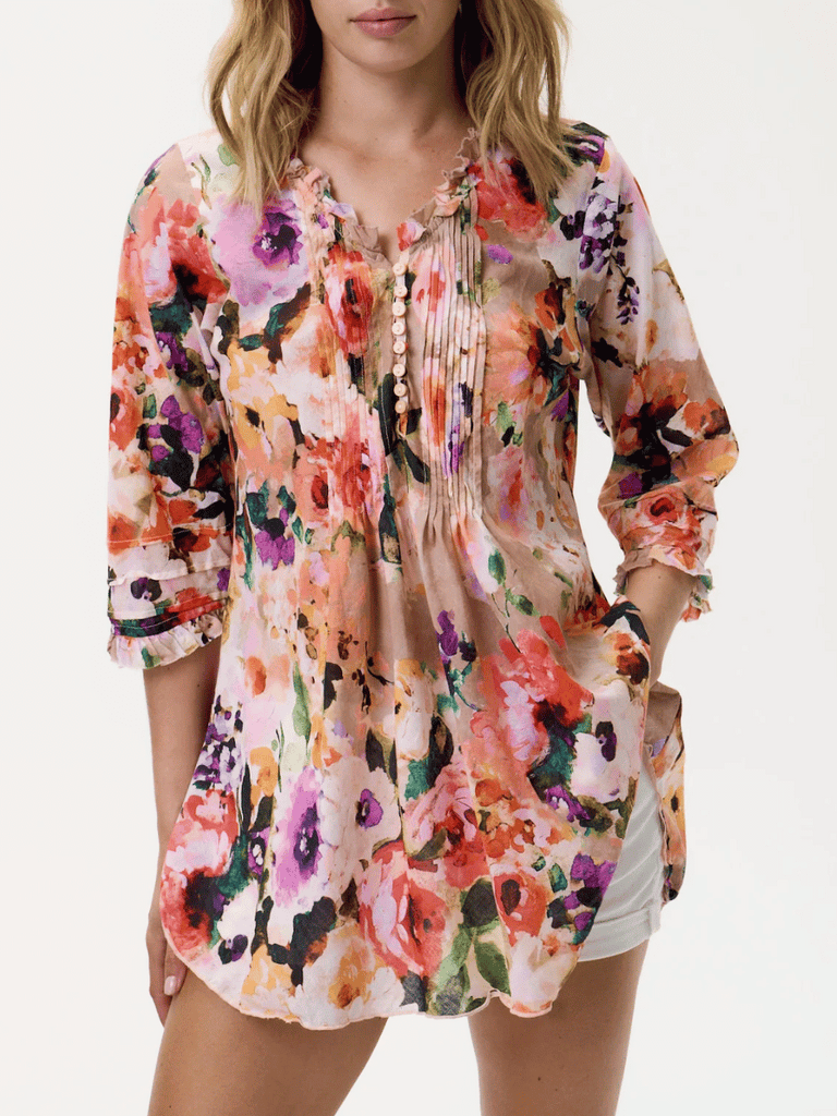 Oneseason 3/4 Sleeve Longline Poppy Top in Soller Floral Print Oneseason One Season lightweight and stylish resort wear Australian fashion label official stockist Signature of Double Bay