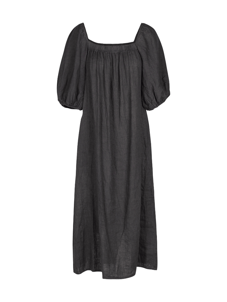 Astrid Fashion Italy Short Sleeve Relaxed Fit Linen Midi Dress in Black Astrid women’s clothing collection feminine, versatile style shop now at Signature of Double Bay Sydney Australia online stockist luxury womens fashion