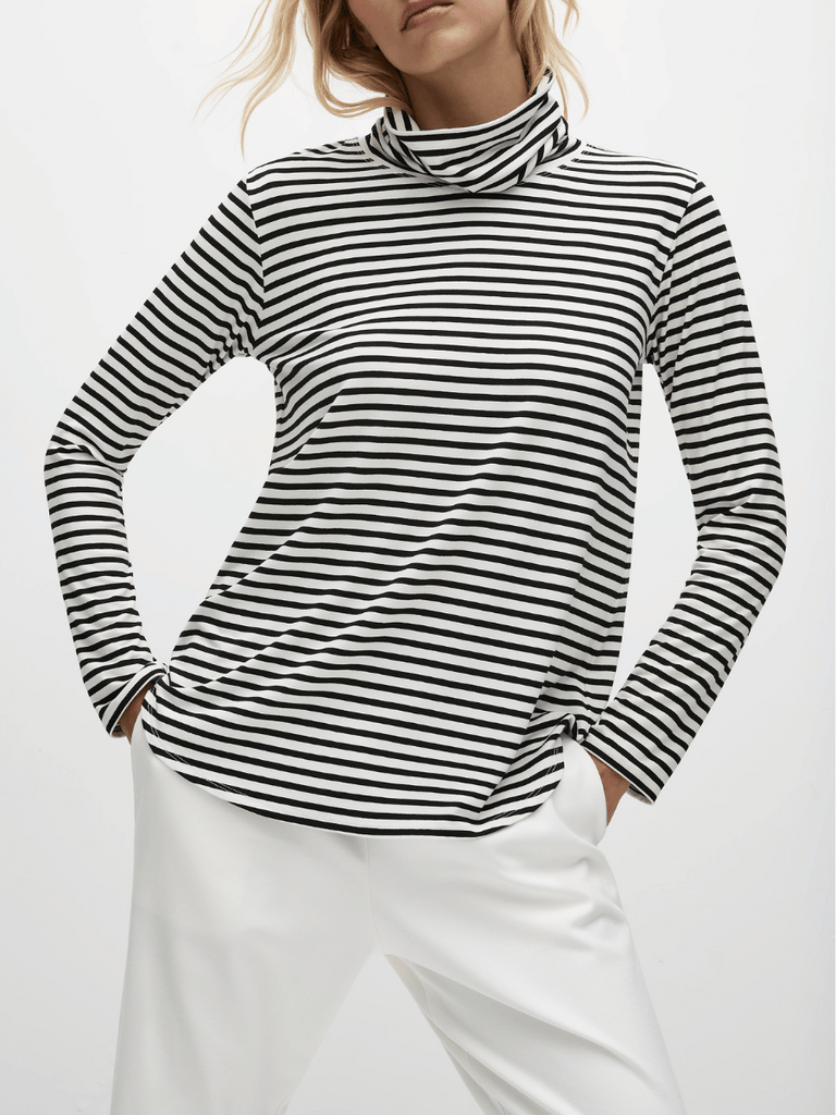 Mela Purdie Long Sleeve Turtle Neck Top in Black and Vanilla Straw Stripe 8663 Mela Purdie Stockist Online Australia Signature of Double Bay Tops Dresses Elegant Clothing