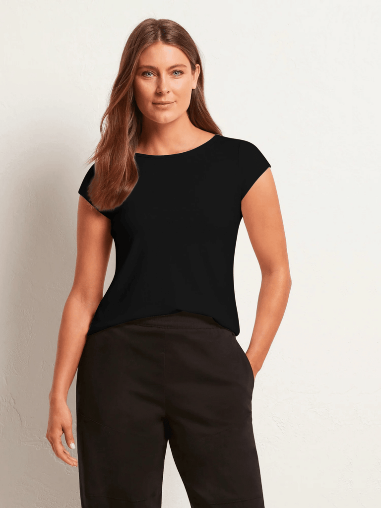 Mela Purdie V Neck Cap Sleeve Cafe T in Black 2135 Mela Purdie Stockist Online Australia Signature of Double Bay Tops Dresses Elegant Clothing