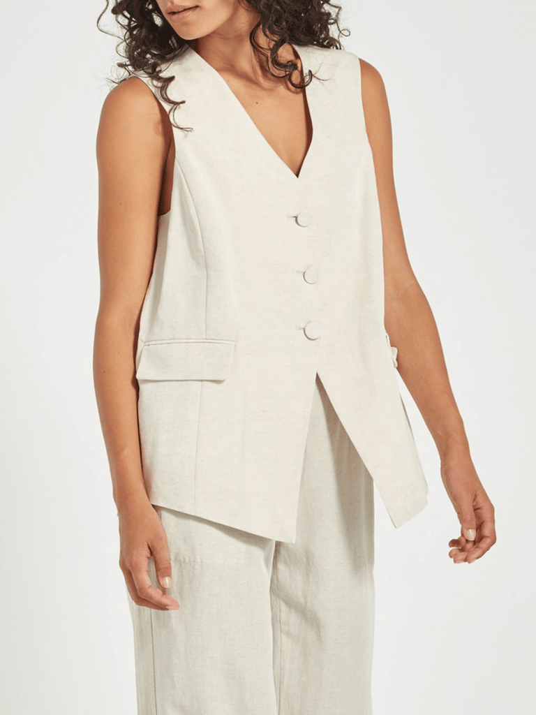 VERGE Loretta Longline Vest in Cashew Beige Verge Stockist Online Australia Signature of Double Bay Mature Fashion Acrobat Flattering