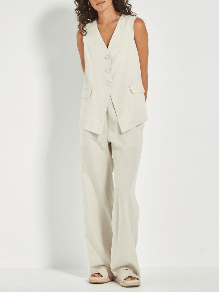 VERGE Loretta Longline Vest in Cashew Beige Verge Stockist Online Australia Signature of Double Bay Mature Fashion Acrobat Flattering