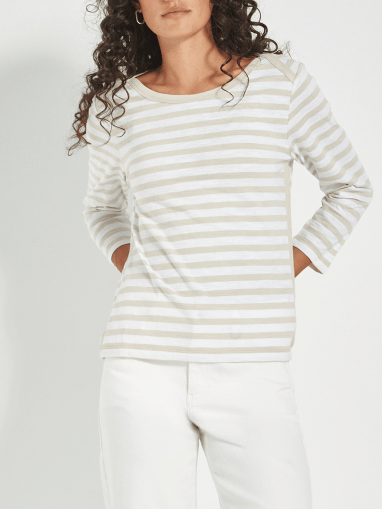 VERGE Horizon Top in Beige and White Stripe Verge Stockist Online Australia Signature of Double Bay Mature Fashion Acrobat Flattering