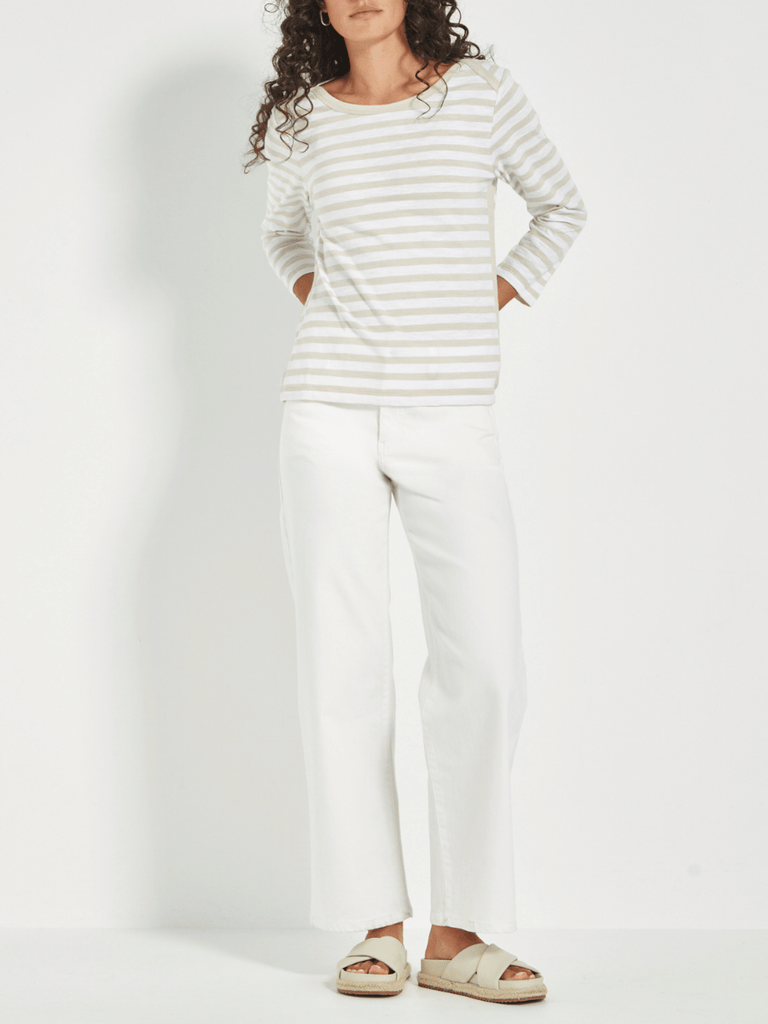 VERGE Horizon Top in Beige and White Stripe Verge Stockist Online Australia Signature of Double Bay Mature Fashion Acrobat Flattering