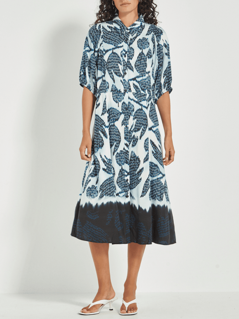 VERGE Sovereign Collared Button-Through Dress in Navy Print Verge Stockist Online Australia Signature of Double Bay Mature Fashion Acrobat Flattering