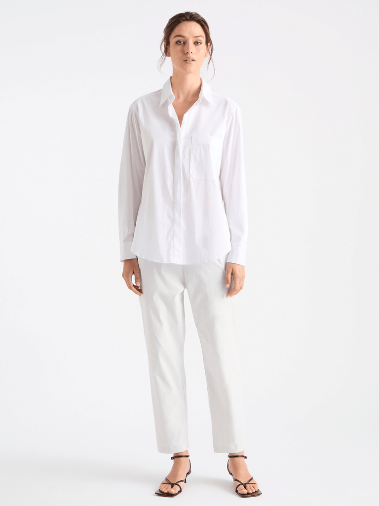 Mela Purdie Chisel Pocket Shirt in White Microprene 8250 Mela Purdie Stockist Online Australia Signature of Double Bay Tops Dresses Elegant Clothing