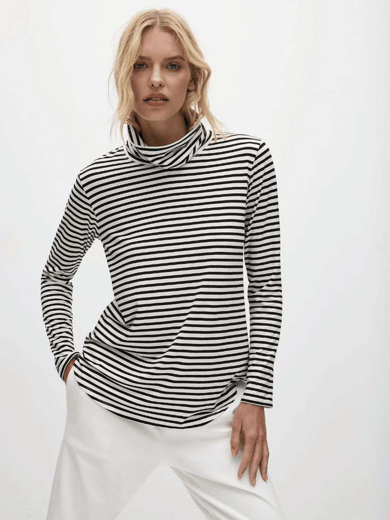 Mela Purdie Long Sleeve Turtle Neck Top in Black and Vanilla Straw Stripe 8663 Mela Purdie Stockist Online Australia Signature of Double Bay Tops Dresses Elegant Clothing