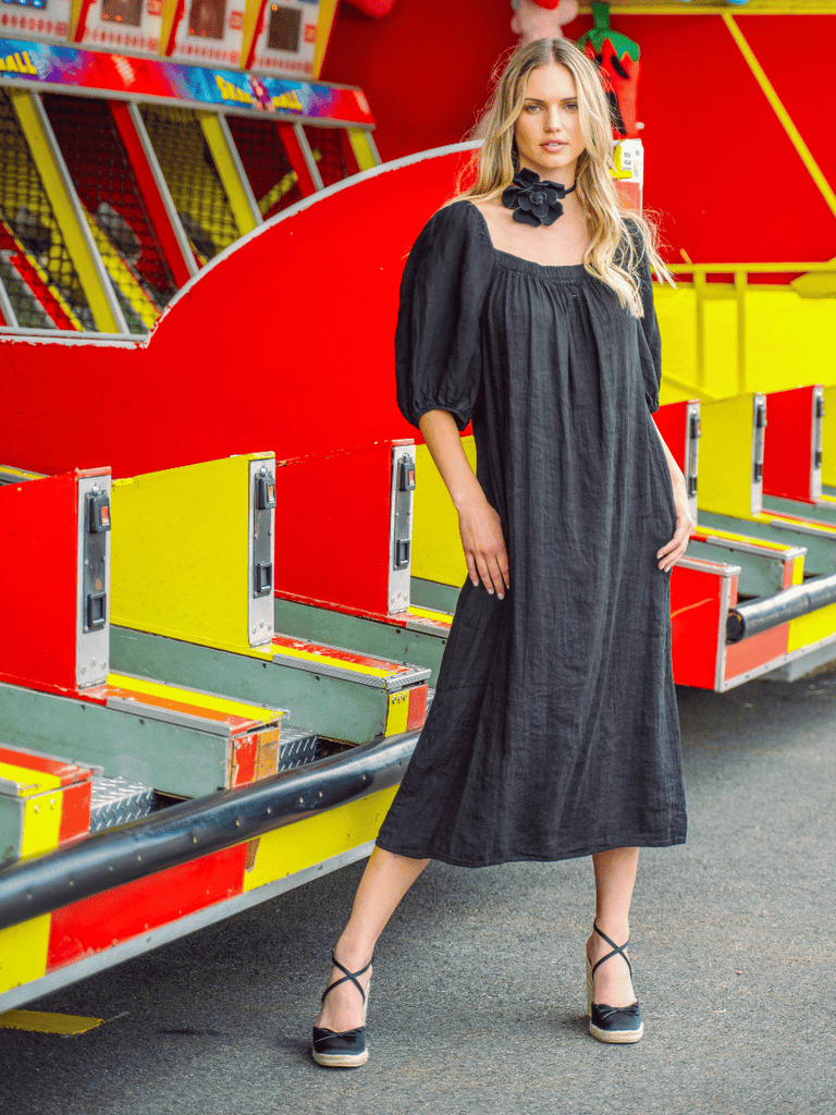 Astrid Fashion Italy Short Sleeve Relaxed Fit Linen Midi Dress in Black Astrid women’s clothing collection feminine, versatile style shop now at Signature of Double Bay Sydney Australia online stockist luxury womens fashion