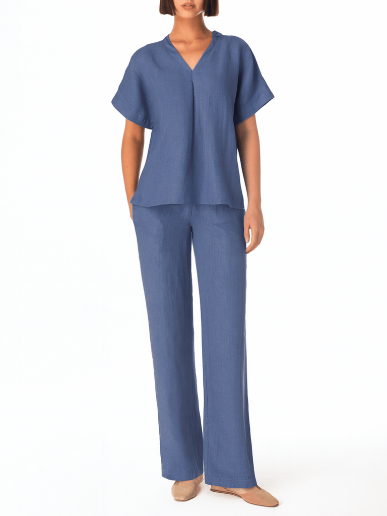 Haris Cotton Solid Wide Leg Linen Pants in Lapis Blue. Shop Haris Cotton Australia – Elegant linen clothing and sustainable european women’s fashion at Signature of Double Bay Sydney online and instore. shop natural linen dresses, white linen clothing and summer linen outfits in Sydney