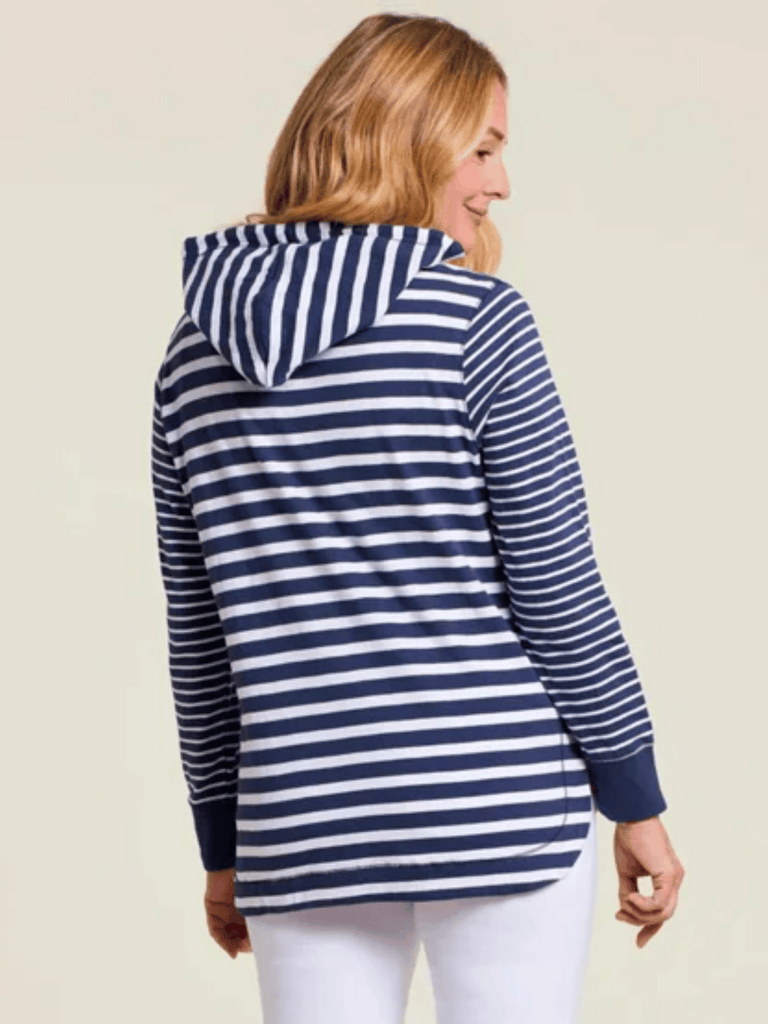 TRIBAL FASHION CANADA Long Sleeve Cotton Contrast Lined Hoodie in Navy and White Stripe Official Tribal Fashion Canada Stockist Sydney Australia Online Buy Signature of Double Bay