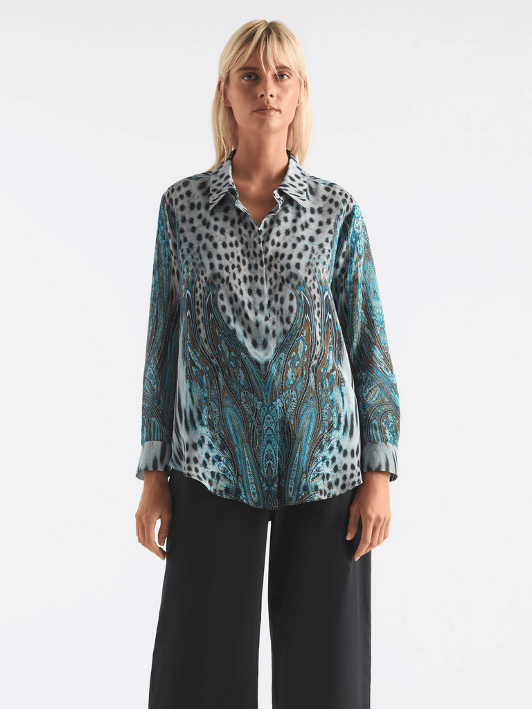 Mela Purdie Long Sleeve Button Front Soft Shirt in Peacock Print Silk 2822 - Vibrant Elegance for Every Occasion Mela Purdie Stockist Online Australia Signature of Double Bay
