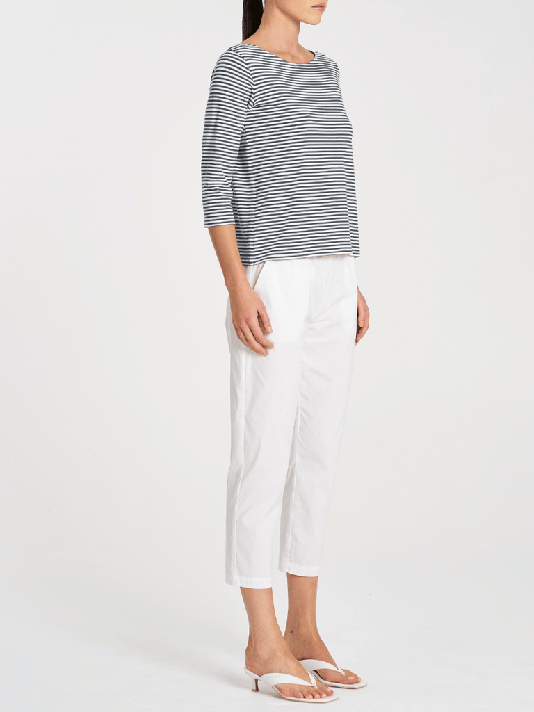 Mela Purdie 3/4 Sleeve Relaxed Boat Neck Top in Navy and White Yacht Stripe Jersey 2630 Mela Purdie Stockist Online Australia Signature of Double Bay Tops Dresses Elegant Clothing