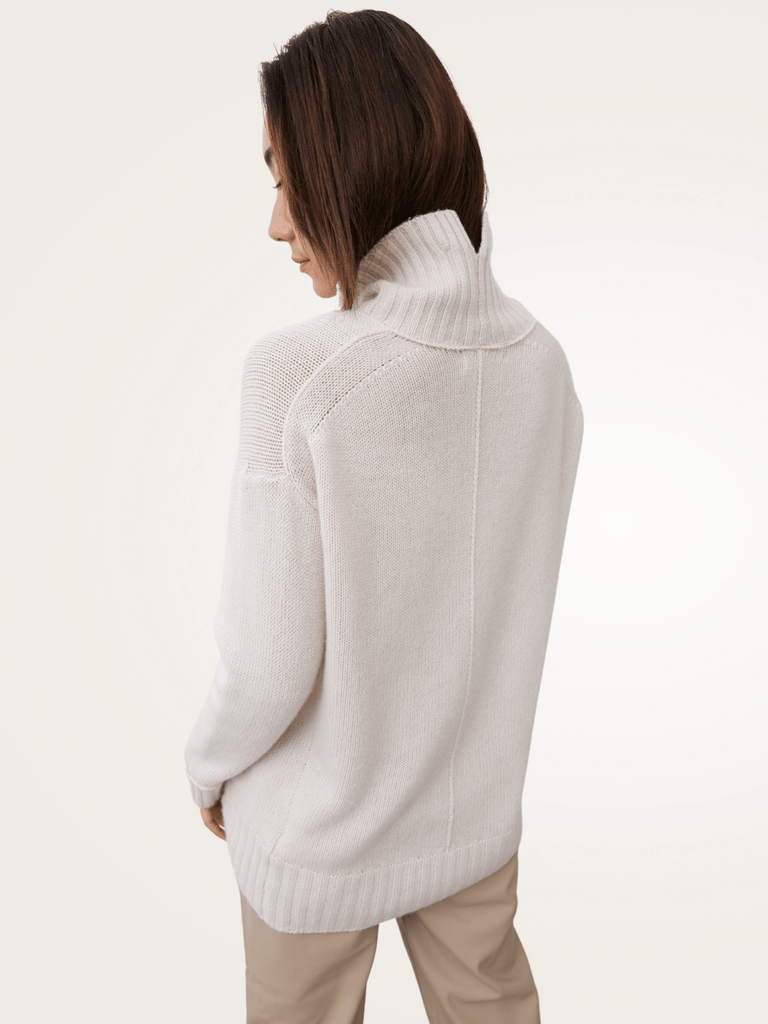 Astrid Funnel Neck Sweater in Buttermilk 21090 made from 100% Mongolian cashmere with a relaxed, oversized fit. mia fratino stockist sydney online signature of double bay cashmere knitwear ethical natural fibres sustainable slow fashion sweaters