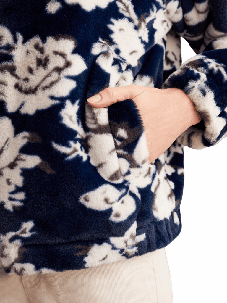 TRIBAL FASHION CANADA Long Sleeve Faux Fur Zip Up Bomber Jacker in Sapphire Floral 8006 Official Tribal Fashion Canada Stockist Sydney Australia Online Buy Signature of Double Bay