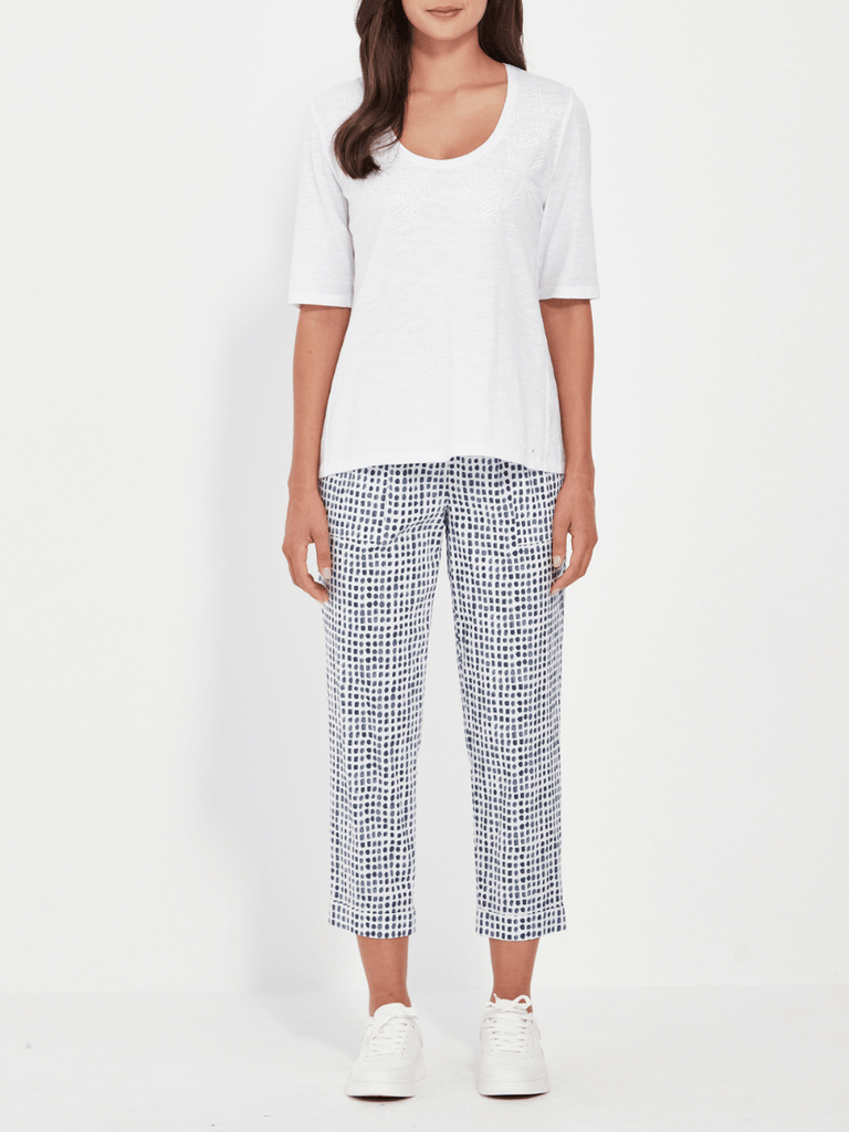 VERGE Acrobat Ankle-Length Essex Tile Pant in Denim Blue Print 9871 Verge Stockist Online Australia Signature of Double Bay Mature Fashion Acrobat Flattering