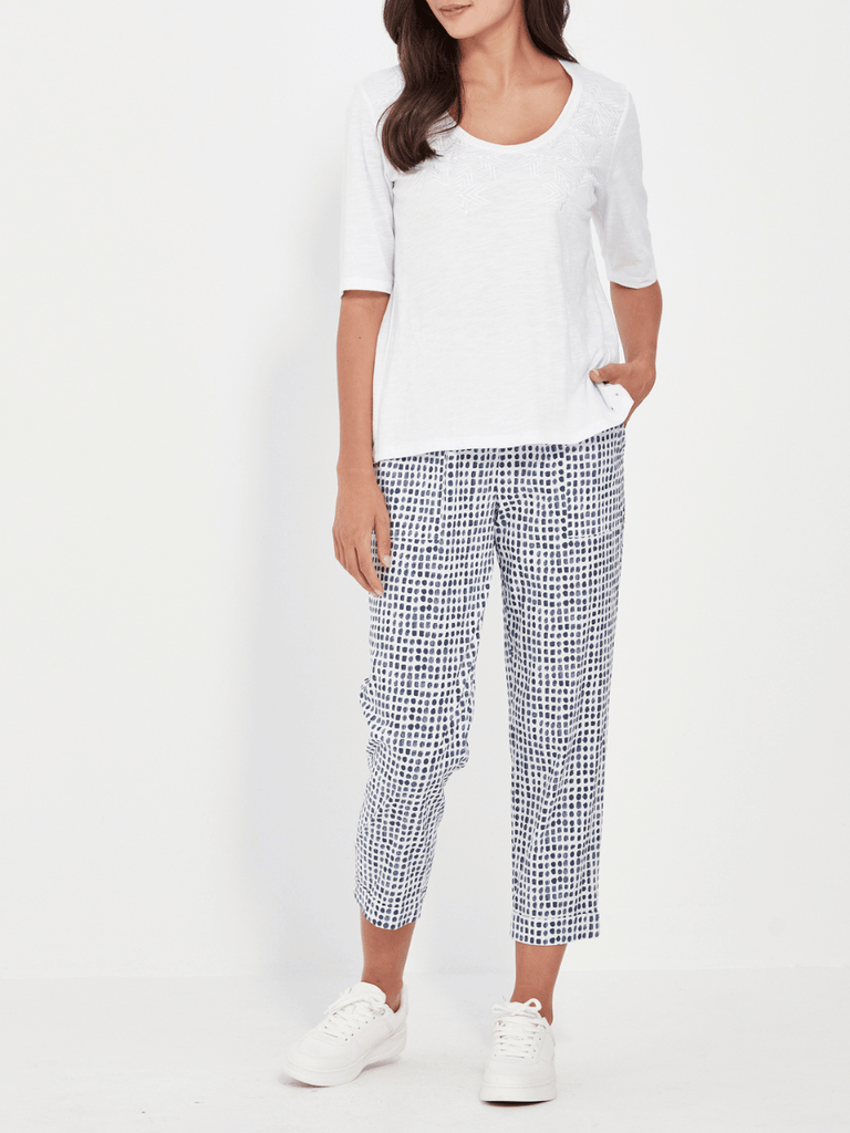 VERGE Acrobat Ankle-Length Essex Tile Pant in Denim Blue Print 9871 Verge Stockist Online Australia Signature of Double Bay Mature Fashion Acrobat Flattering
