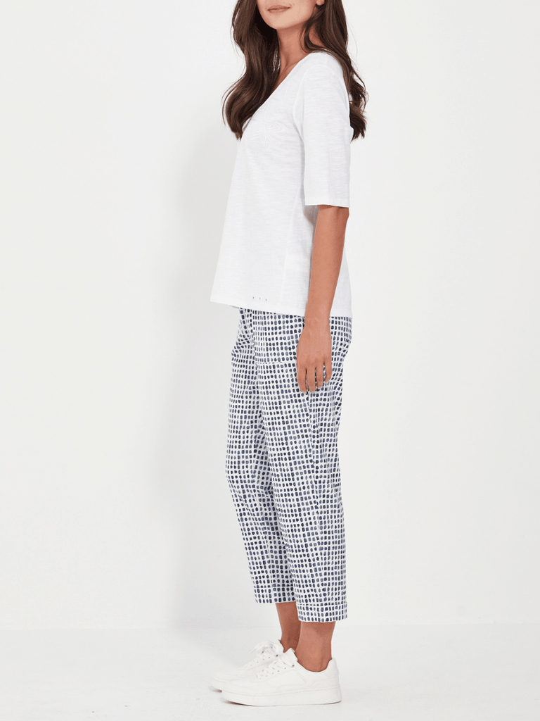 VERGE Acrobat Ankle-Length Essex Tile Pant in Denim Blue Print 9871 Verge Stockist Online Australia Signature of Double Bay Mature Fashion Acrobat Flattering