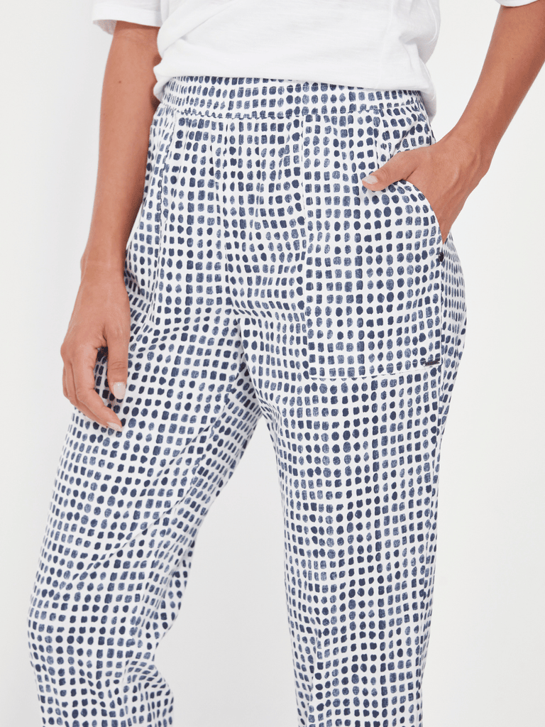 VERGE Acrobat Ankle-Length Essex Tile Pant in Denim Blue Print 9871 Verge Stockist Online Australia Signature of Double Bay Mature Fashion Acrobat Flattering