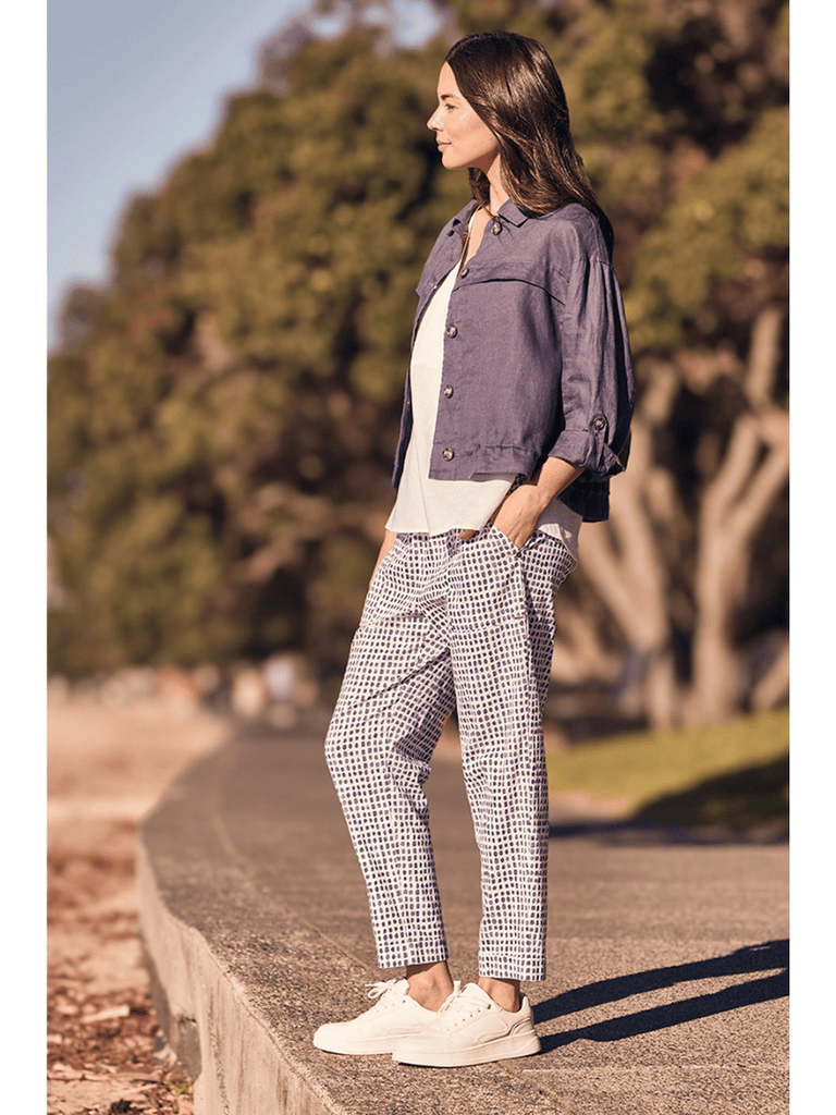 VERGE Acrobat Ankle-Length Essex Tile Pant in Denim Blue Print 9871 Verge Stockist Online Australia Signature of Double Bay Mature Fashion Acrobat Flattering