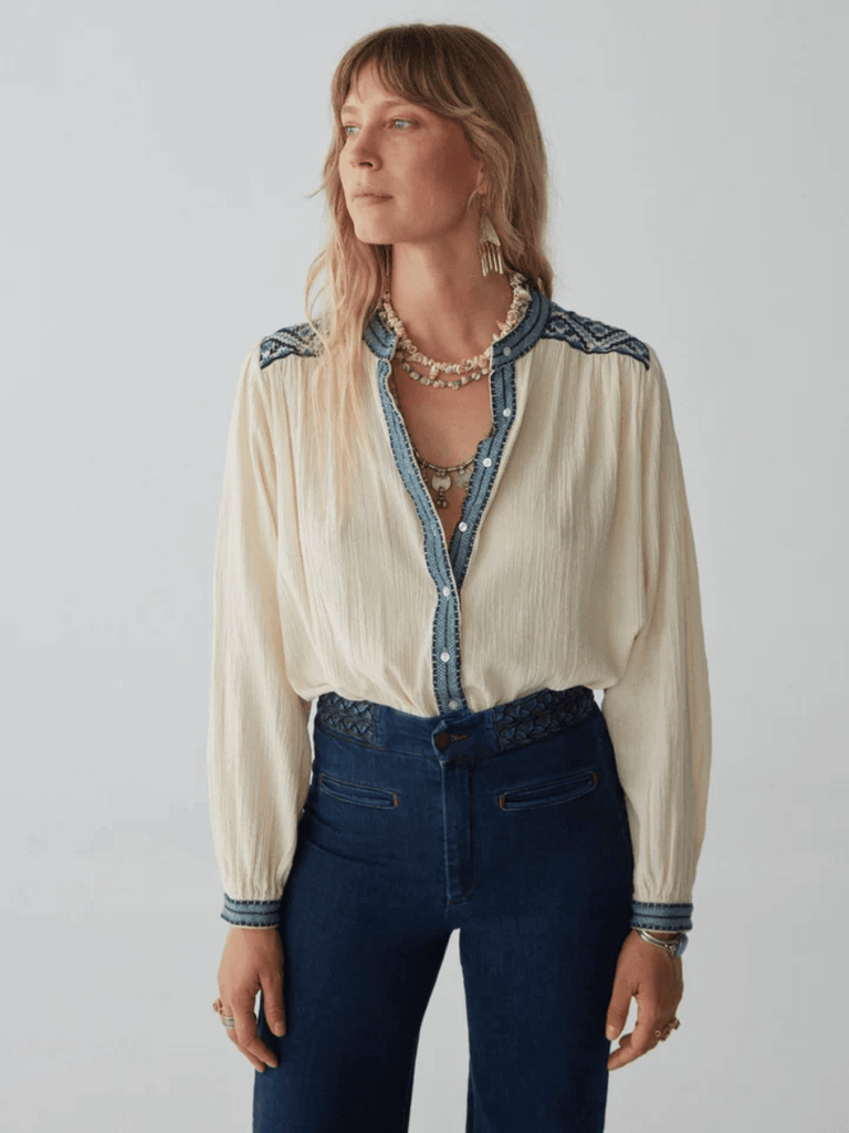 Maison Hotel Beth Blouse in Wandering Sapphire Shop Maison Hotel online store shirts pants and dresses in Sydney Australia official stockist Maison Hotel buy Bohemian french style clothing with hand embroidery and vintage style