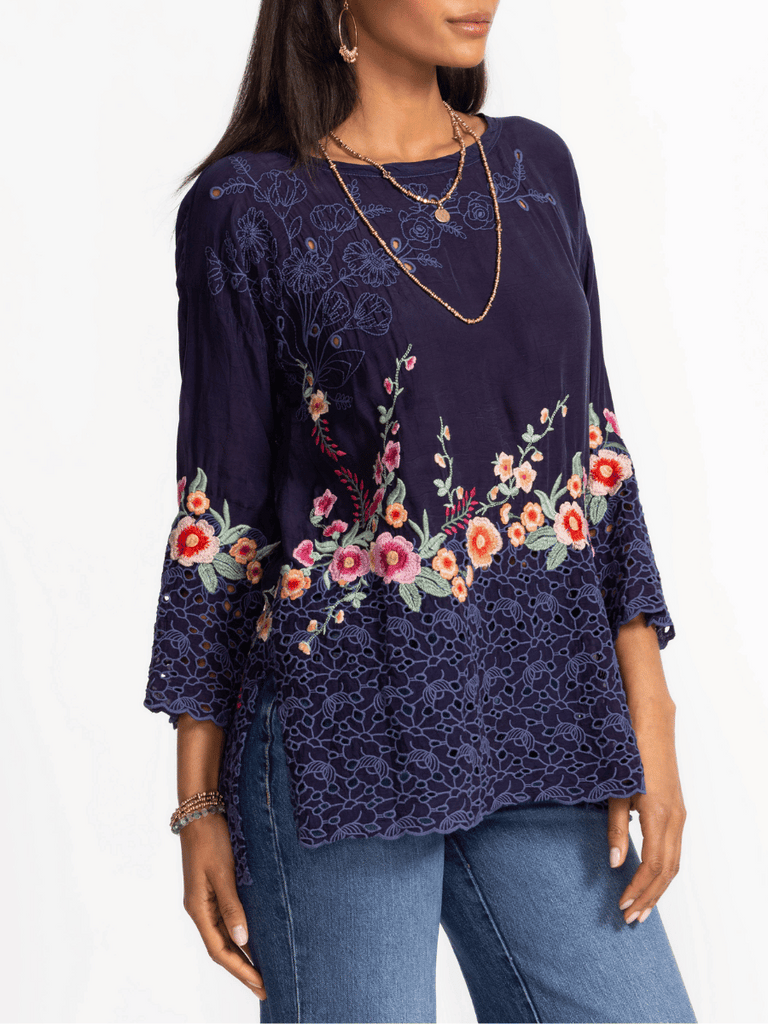 Johnny Was 3/4 Sleeve Brixley Tunic Top in Navy Blue C27325-4 Shop Johnny Was Stockist Sydney Australia Boho Chic Clothing, Embroidered Dresses, and Unique Tops at Signature of Double Bay
