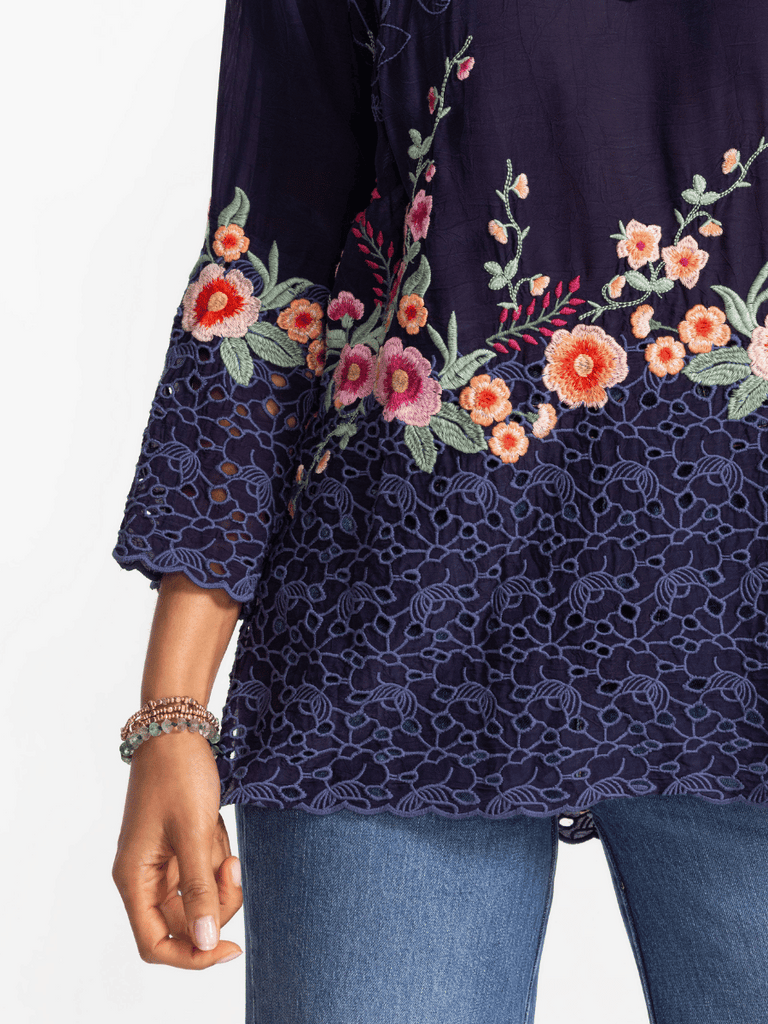Johnny Was 3/4 Sleeve Brixley Tunic Top in Navy Blue C27325-4 Shop Johnny Was Stockist Sydney Australia Boho Chic Clothing, Embroidered Dresses, and Unique Tops at Signature of Double Bay