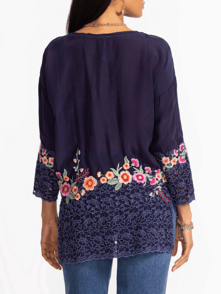 Johnny Was 3/4 Sleeve Brixley Tunic Top in Navy Blue C27325-4 Shop Johnny Was Stockist Sydney Australia Boho Chic Clothing, Embroidered Dresses, and Unique Tops at Signature of Double Bay