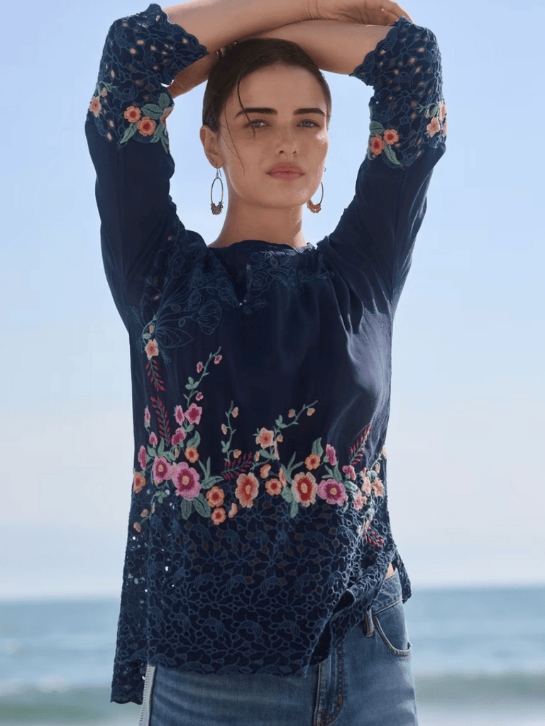 Johnny Was 3/4 Sleeve Brixley Tunic Top in Navy Blue C27325-4 Shop Johnny Was Stockist Sydney Australia Boho Chic Clothing, Embroidered Dresses, and Unique Tops at Signature of Double Bay