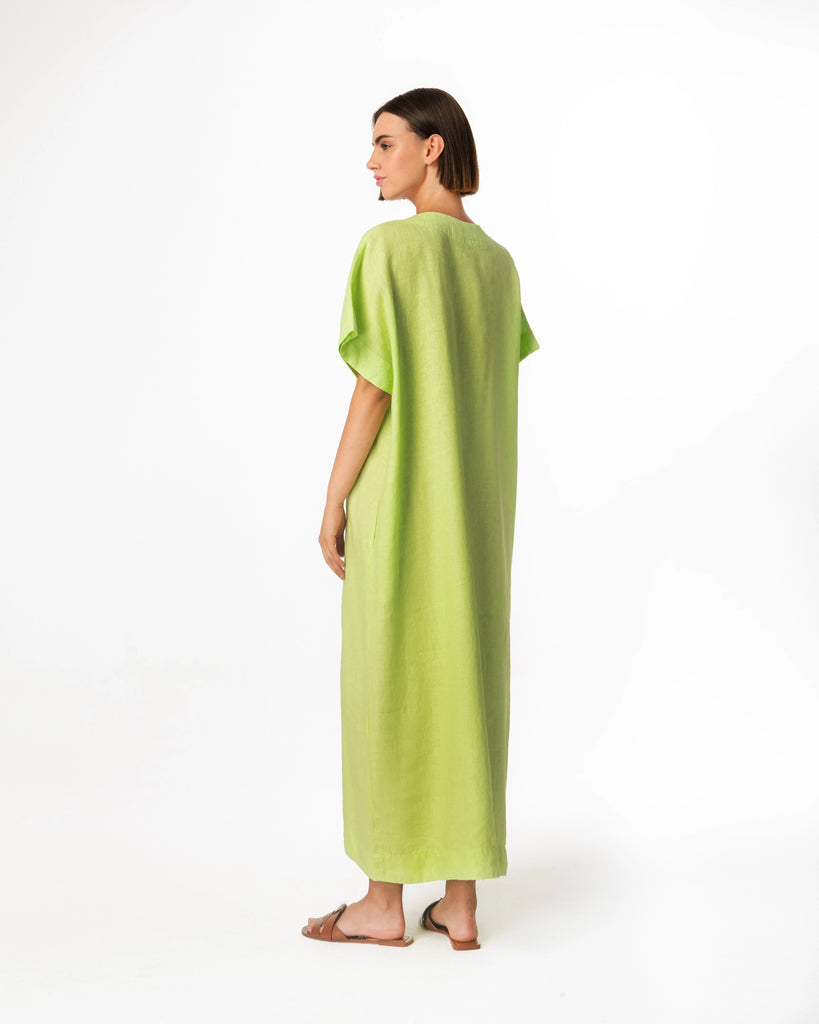haris cotton kiwi green linen kaftan dress