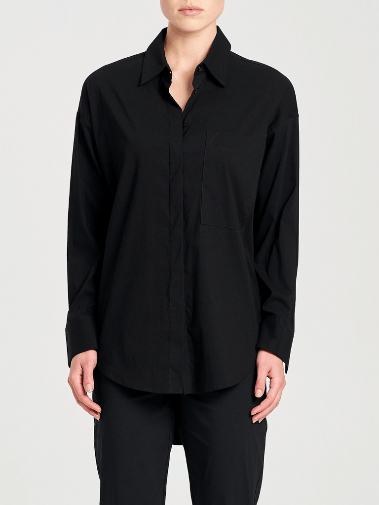 Mela Purdie Relaxed Pocket Shirt in Black Microprene 8101 Mela Purdie Stockist Online Australia Signature of Double Bay Tops Dresses Elegant Clothing