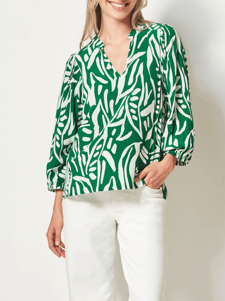 VERGE Haven Top in Green and White Print 9283 Verge Stockist Online Australia Signature of Double Bay Mature Fashion Acrobat Flattering