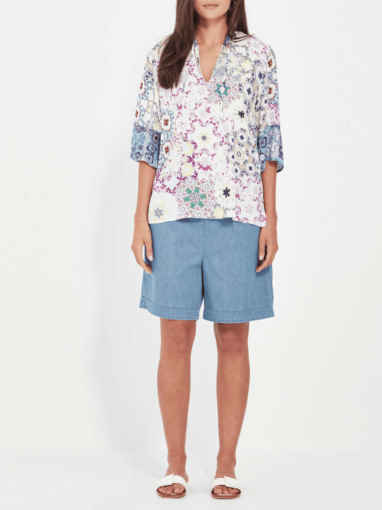 VERGE 3/4 Sleeve Relaxed Fit Illusion Print Top White 9963 Verge Stockist Online Australia Signature of Double Bay Mature Fashion Acrobat Flattering