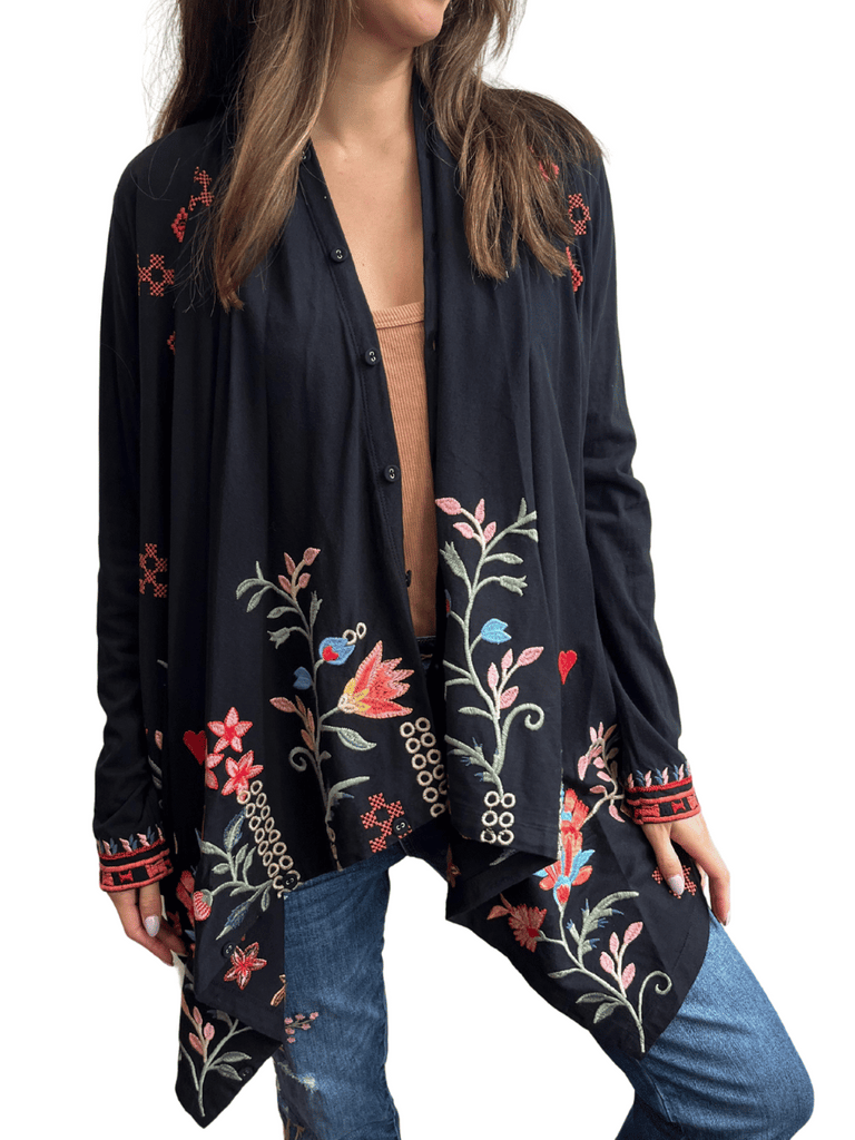 Johnny Was Georgia Button Neck Draped Cardigan in Black Shop Johnny Was Stockist Sydney Australia Boho Chic Clothing, Embroidered Dresses, and Unique Tops at Signature of Double Bay