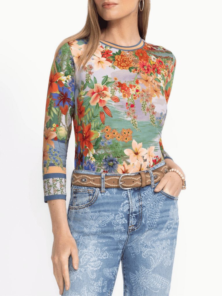 Johnny Was Janie Favourite 3/4 Sleeve Crew Neck Tee in Asteria Print Shop Johnny Was Stockist Sydney Australia Boho Chic Clothing, Embroidered Dresses, and Unique Tops at Signature of Double Bay