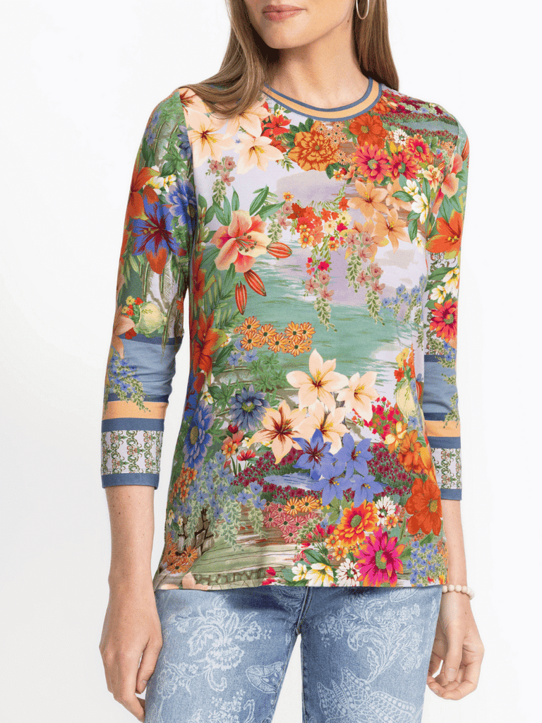Johnny Was Janie Favourite 3/4 Sleeve Crew Neck Tee in Asteria Print Shop Johnny Was Stockist Sydney Australia Boho Chic Clothing, Embroidered Dresses, and Unique Tops at Signature of Double Bay