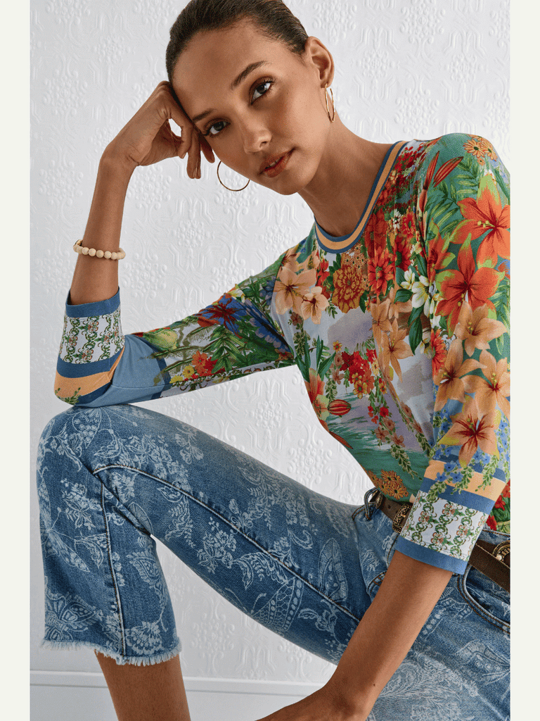 Johnny Was Janie Favourite 3/4 Sleeve Crew Neck Tee in Asteria Print Shop Johnny Was Stockist Sydney Australia Boho Chic Clothing, Embroidered Dresses, and Unique Tops at Signature of Double Bay