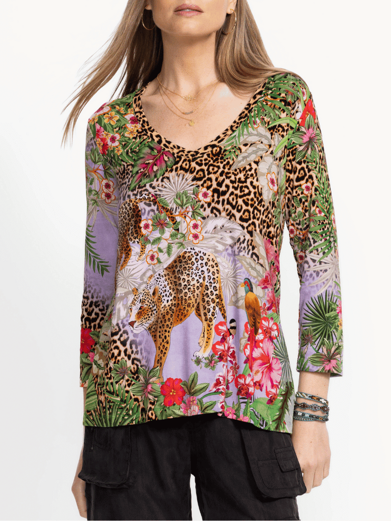 Johnny Was Janie Favorite 3/4 Sleeve Swing Tee in Bellina Print Shop Johnny Was Stockist Sydney Australia Boho Chic Clothing, Embroidered Dresses, and Unique Tops at Signature of Double Bay