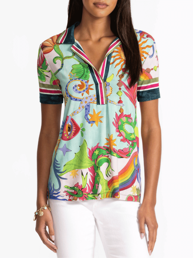 Johnny Was Janie Favourite Floral Swing Polo Shirt in Kayla Print T15425-5 Shop Johnny Was Stockist Sydney Australia Boho Chic Clothing, Embroidered Dresses, and Unique Tops at Signature of Double Bay
