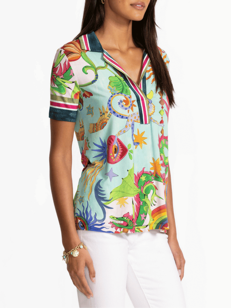 Johnny Was Janie Favourite Floral Swing Polo Shirt in Kayla Print T15425-5 Shop Johnny Was Stockist Sydney Australia Boho Chic Clothing, Embroidered Dresses, and Unique Tops at Signature of Double Bay