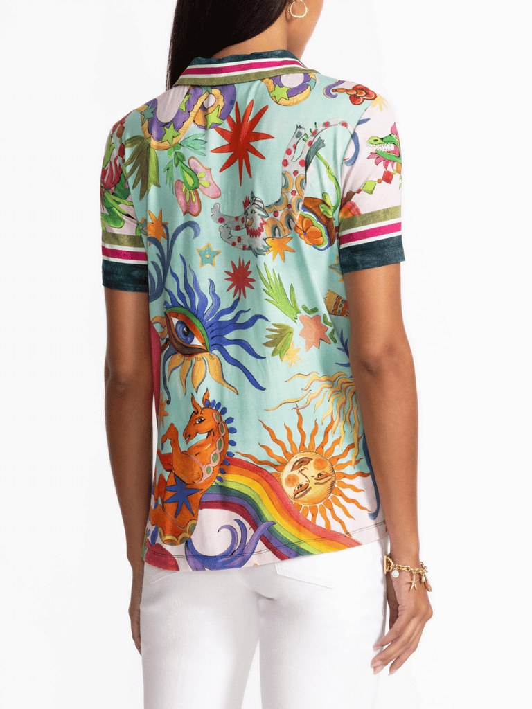 Johnny Was Janie Favourite Floral Swing Polo Shirt in Kayla Print T15425-5 Shop Johnny Was Stockist Sydney Australia Boho Chic Clothing, Embroidered Dresses, and Unique Tops at Signature of Double Bay