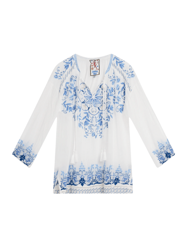 Johnny Was Margot Floral-Embroidered Georgette Blouse in White C18725-5 Shop Johnny Was Stockist Sydney Australia Boho Chic Clothing, Embroidered Dresses, and Unique Tops at Signature of Double Bay