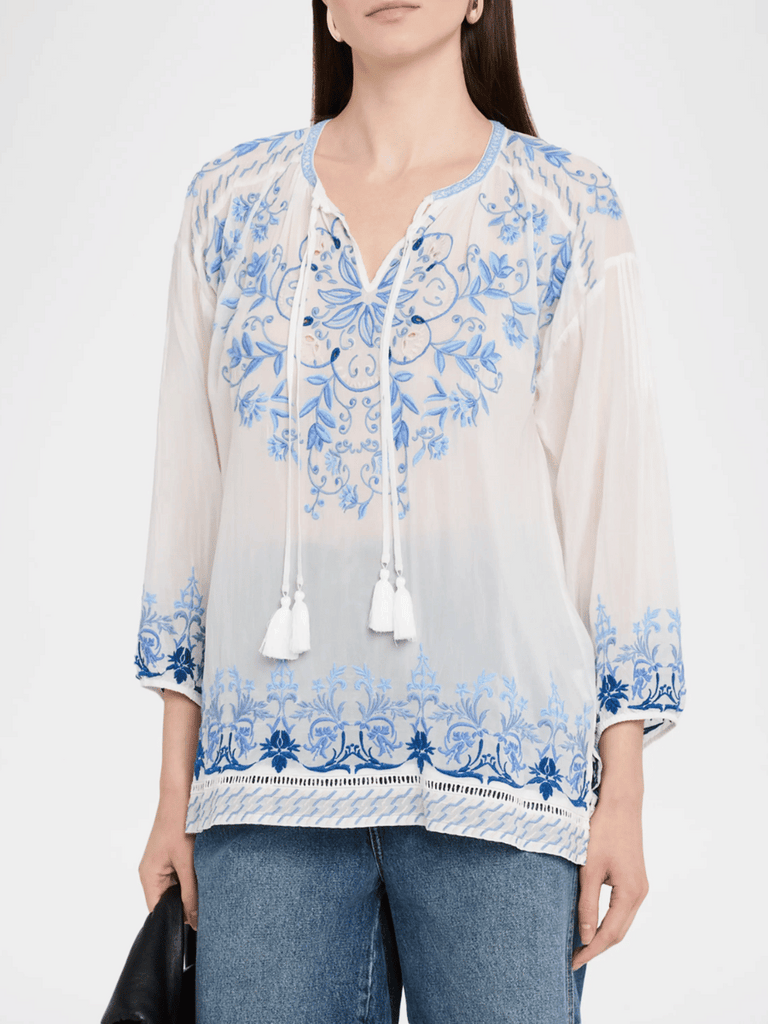 Johnny Was Margot Floral-Embroidered Georgette Blouse in White C18725-5 Shop Johnny Was Stockist Sydney Australia Boho Chic Clothing, Embroidered Dresses, and Unique Tops at Signature of Double Bay
