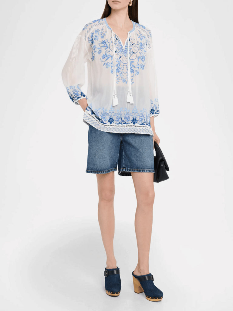 Johnny Was Margot Floral-Embroidered Georgette Blouse in White C18725-5 Shop Johnny Was Stockist Sydney Australia Boho Chic Clothing, Embroidered Dresses, and Unique Tops at Signature of Double Bay