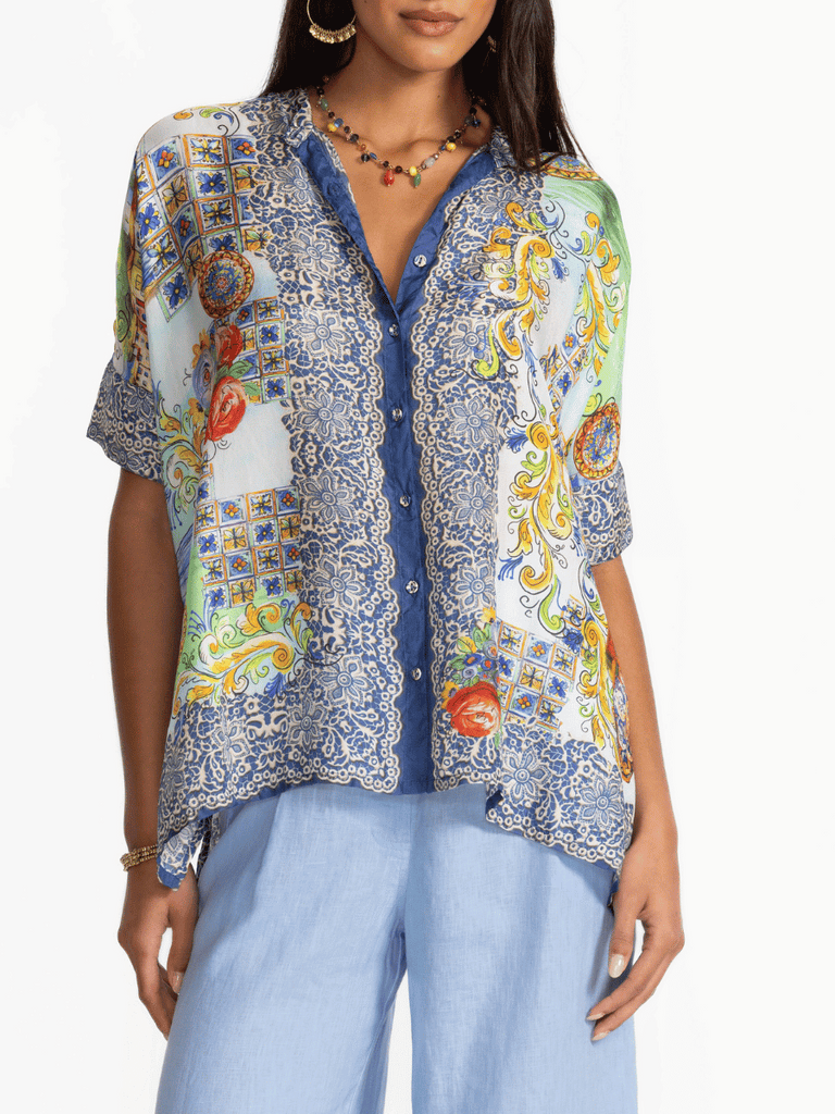 Johnny Was Shiro Silk Buttoned Down Shirt Christy Print C17625-5 Shop Johnny Was Stockist Sydney Australia Boho Chic Clothing, Embroidered Dresses, and Unique Tops at Signature of Double Bay