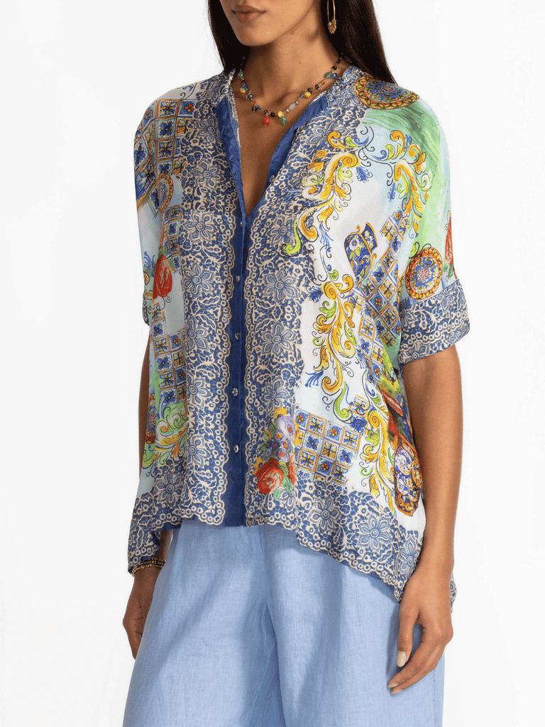 Johnny Was Shiro Silk Buttoned Down Shirt Christy Print C17625-5 Shop Johnny Was Stockist Sydney Australia Boho Chic Clothing, Embroidered Dresses, and Unique Tops at Signature of Double Bay