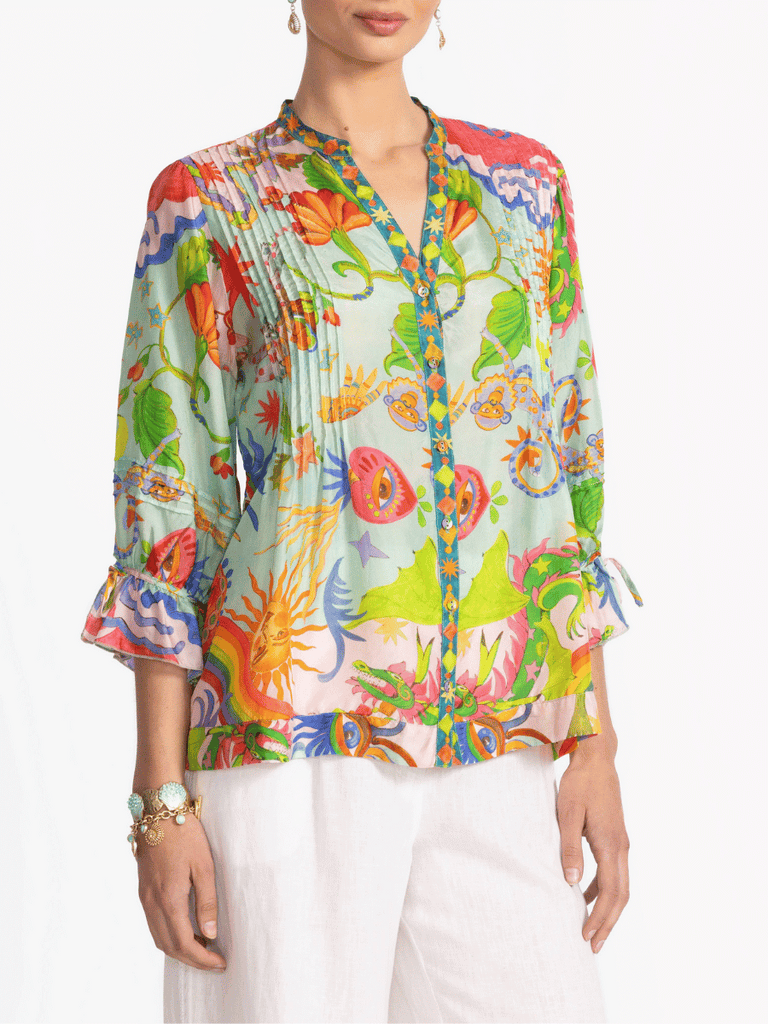 Johnny Was Vacanza Silk Pintuck Blouse in Kayla Print C16425-5 Shop Johnny Was Stockist Sydney Australia Boho Chic Clothing, Embroidered Dresses, and Unique Tops at Signature of Double Bay